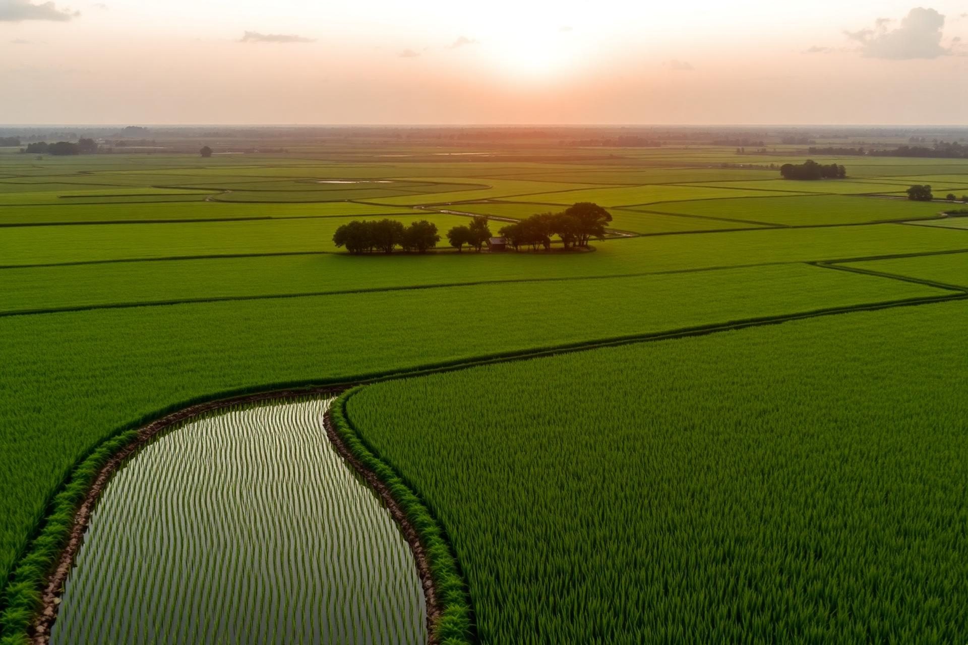 Lavouras de arroz ao entardecer